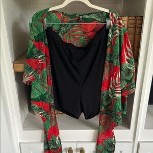 SHEIN tropical Red and Green Leaf tie top with Black shorts